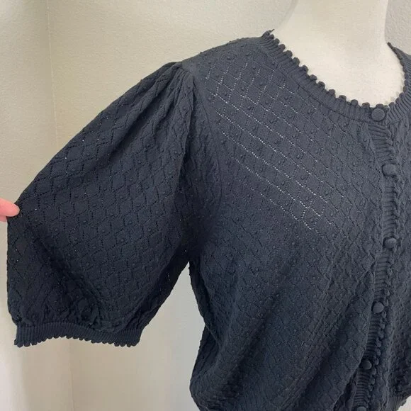NEW By Anthropologie Womens XL Black Puff Sleeve Pointelle Knit Cardigan Sweater - Picture 5 of 13